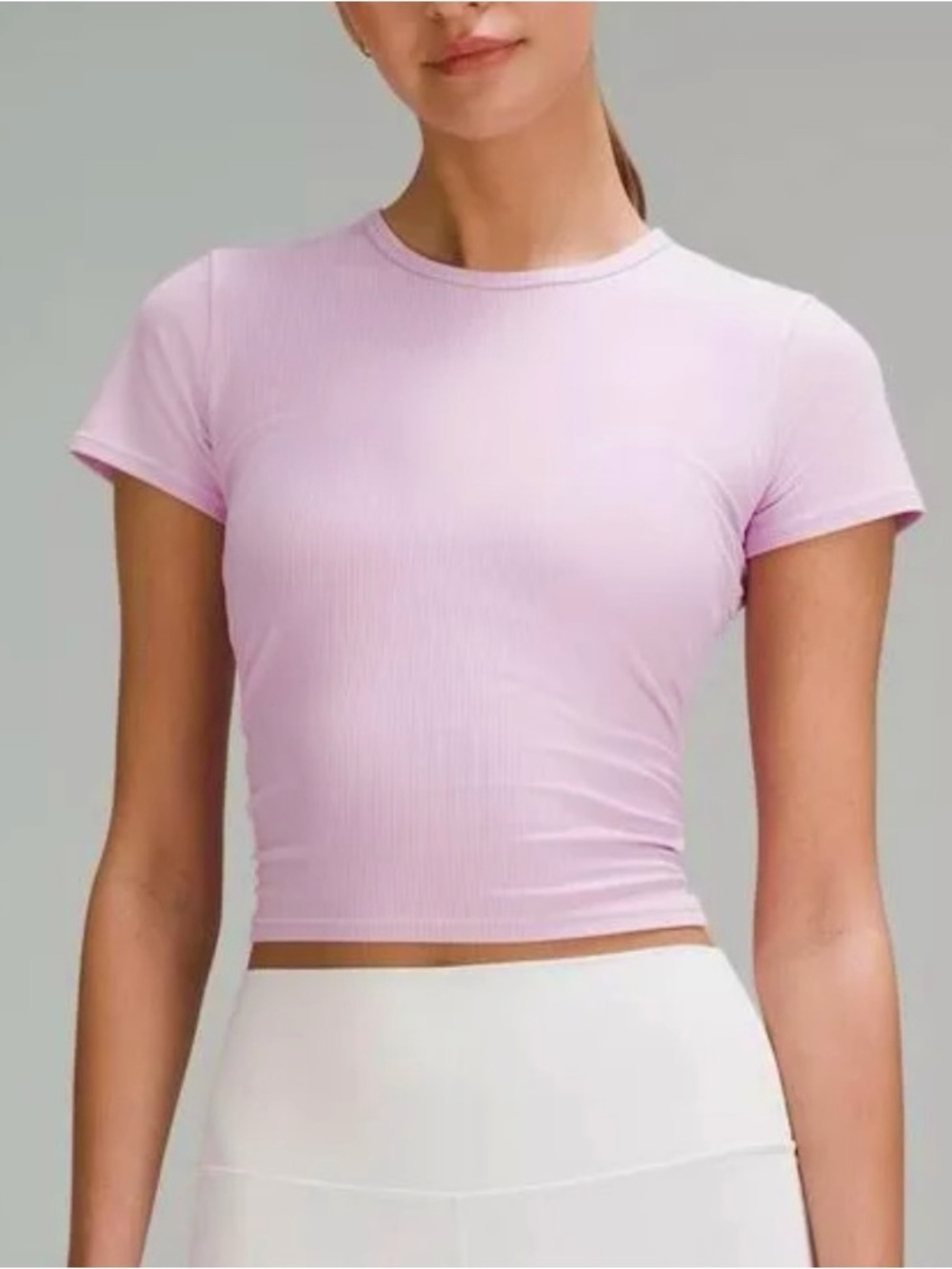 Lululemon size 8 Women's Light Pink Ribbed Crop Tee VitaPink all it takes
